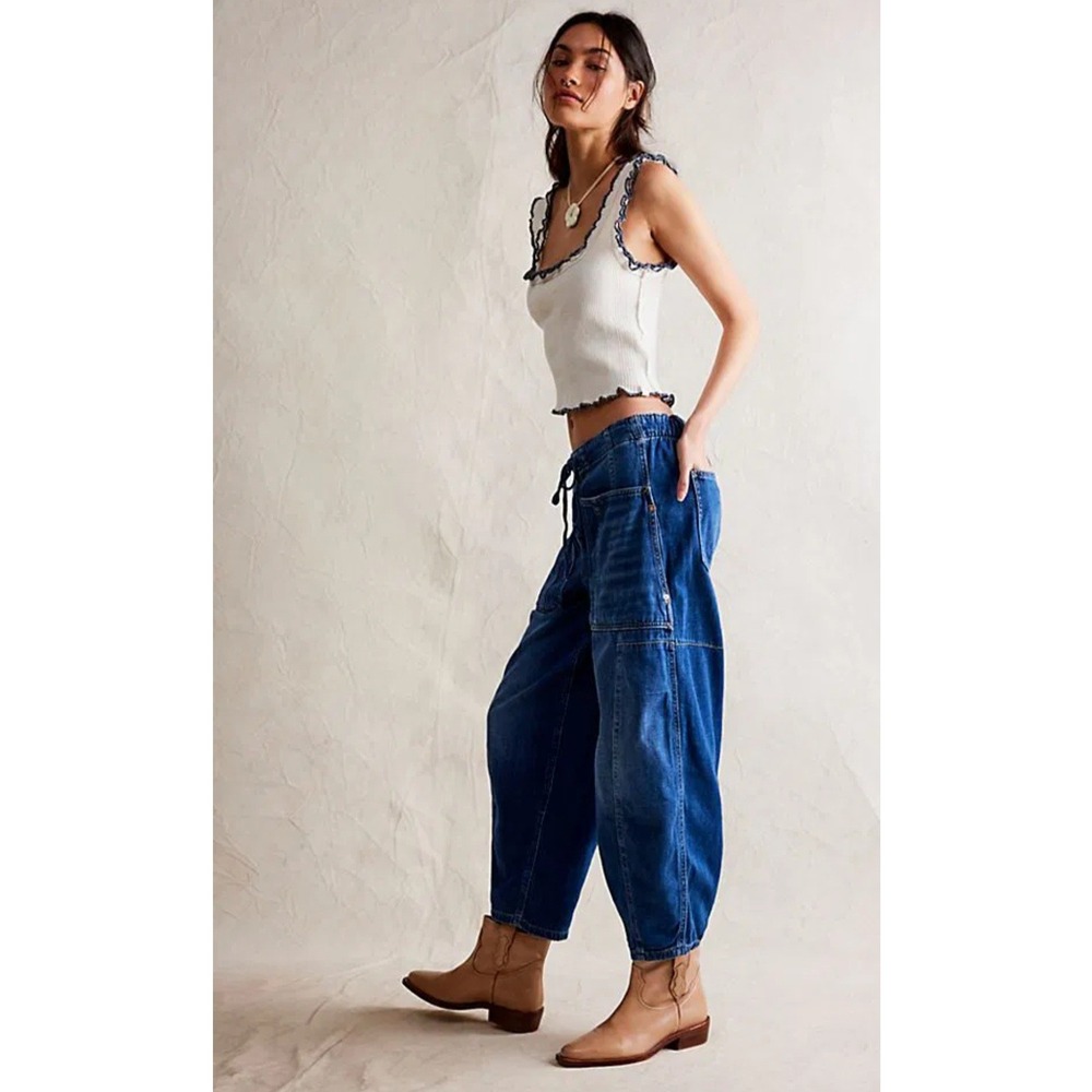 We The Free Free People Silverton Puddle Barrel Jeans Medium Wash Blue Baggy M - Picture 2 of 8